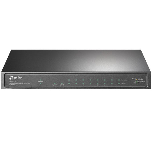 Tp-Link Switch 10 Portas Gigabit PoE+ 8 Portas Gigabit PoE+ 1 Porta Gigabit RJ45 1 Porta Gigabit SFP Slots 802.3at/af 63W Pó Caixa Desktop Metálica