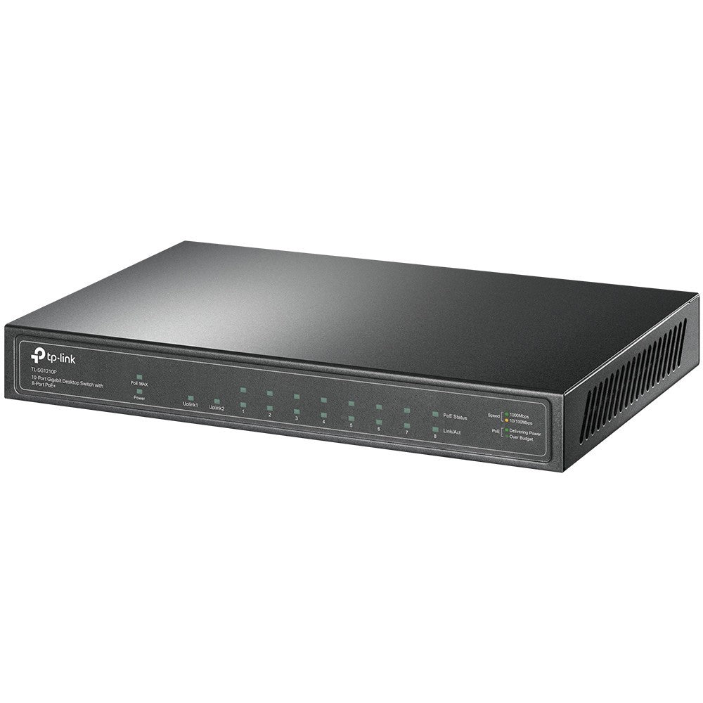 Tp-Link Switch 10 Portas Gigabit PoE+ 8 Portas Gigabit PoE+ 1 Porta Gigabit RJ45 1 Porta Gigabit SFP Slots 802.3at/af 63W Pó Caixa Desktop Metálica