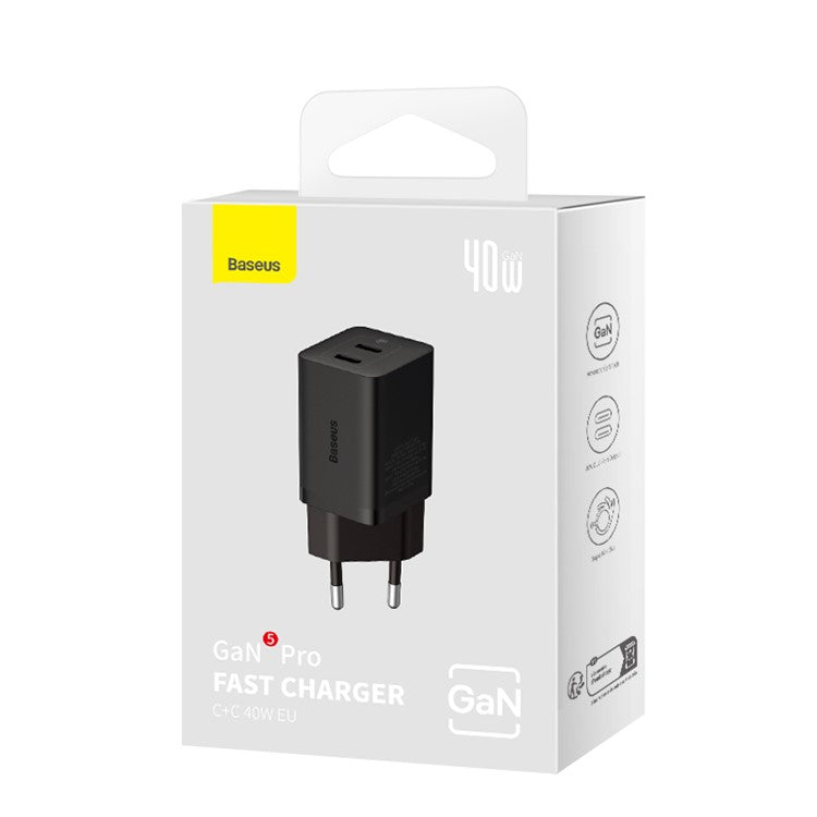 Baseus Carregador Gan5 Pro Fast Charger C+C 40W Eu Preto