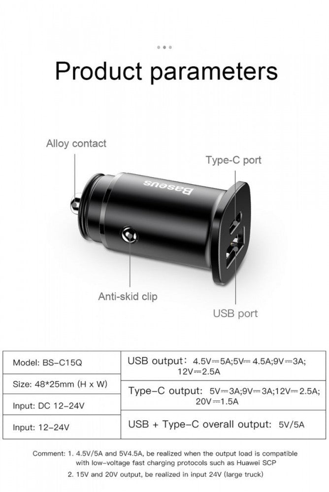 Baseus Carregador Isqueiro 1xUsb + 1xUsb-C Preto