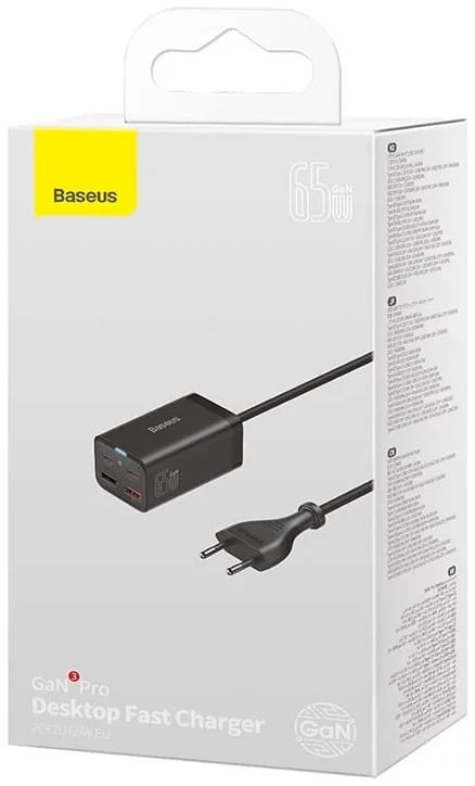 Carregador Baseus Rápido Gan3 Pro: 2x Usb-C: 2x Usb: 65W Preto