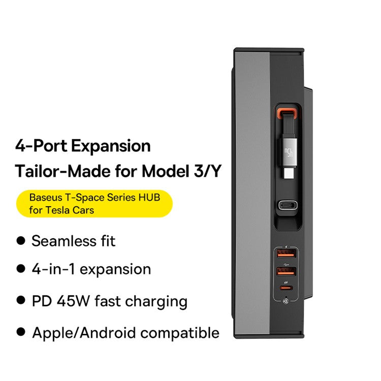 Baseus Hub T-Space p/ Tesla com Cabo USB-C 45W Retrátil