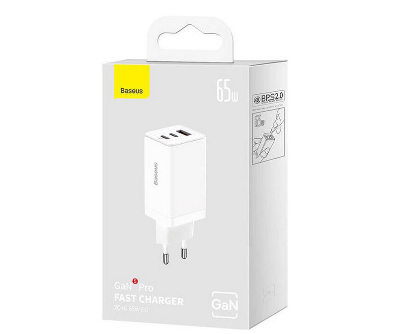 Baseus Carregador Gan5 Pro Fast Charger 2C+U 65W Eu White(Include Xiaobai Series Fast Charging Cabo Ty