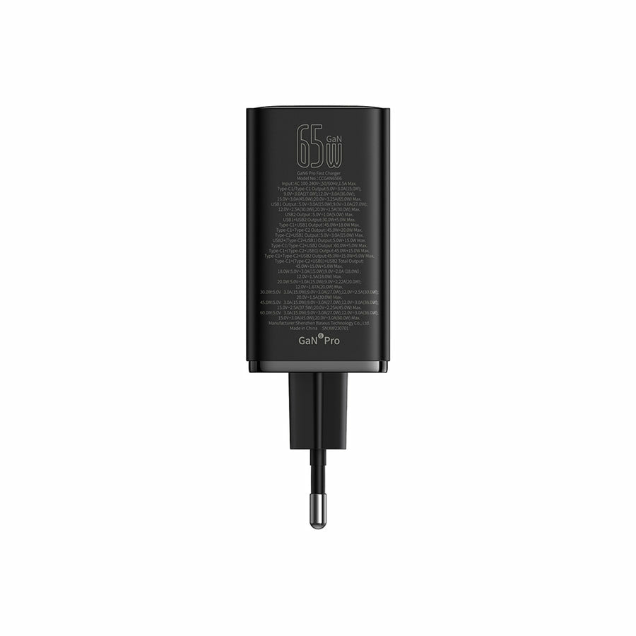 Baseus Carregador Gan6 Pro Dual Usb-A/Usb-C 65W Fast Charger Pd 3.0 Preto