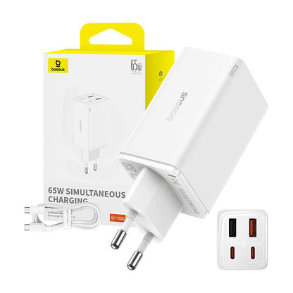 Baseus Carregador Gan6 Pro Dual Usb-A/Usb-C 65W Fast Charger Branco + Cabo Usb-C 100W 1M