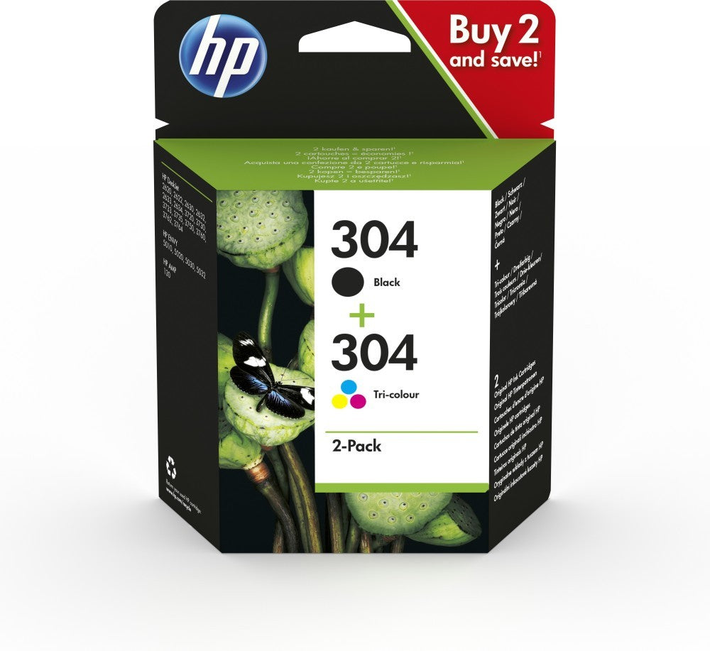 HP 304 Pack de 2 cor (ciano: magenta: amarelo): preto pigmentado original tinteiro para AMP 130: Deskjet 26XX: 37XX: ENVY 50XX