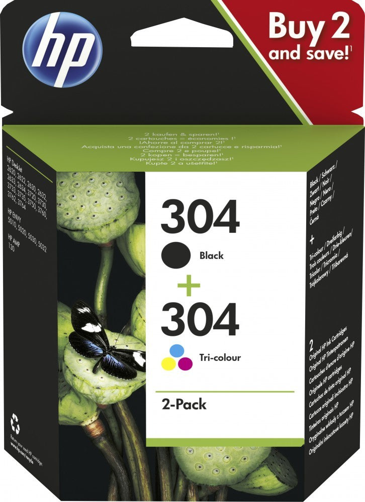 HP 304 Pack de 2 cor (ciano: magenta: amarelo): preto pigmentado original tinteiro para AMP 130: Deskjet 26XX: 37XX: ENVY 50XX