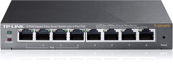 Tp-Link 8 Portas Gigabit Desktop PoE Easy Smart Switch 8 Gigabit RJ45 Portas including 4 PoE Portas 55W PoE Power supply MTU/Port/Tag-based VLAN QoS IGMP Snooping steel case