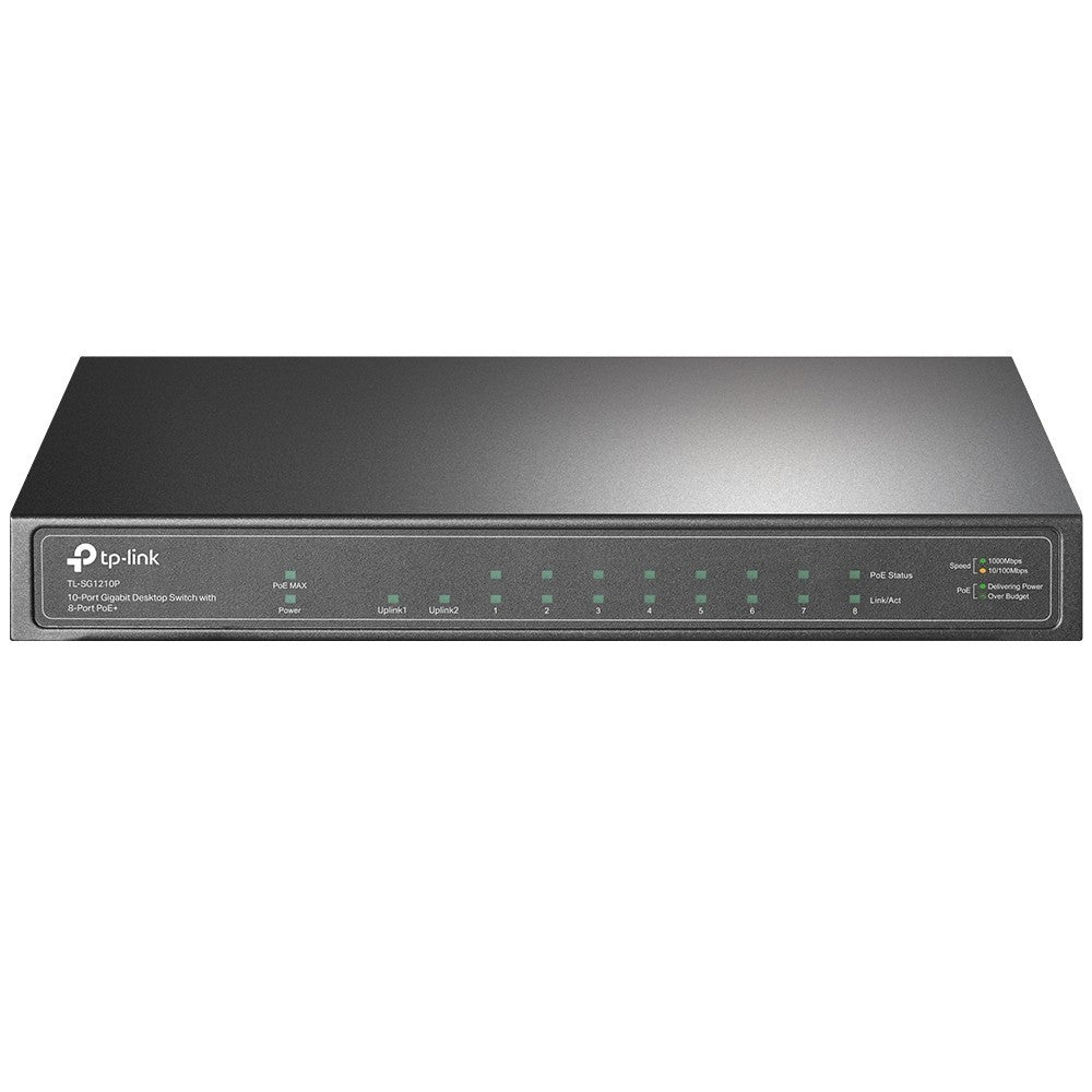Tp-Link Switch 10 Portas Gigabit PoE+ 8 Portas Gigabit PoE+ 1 Porta Gigabit RJ45 1 Porta Gigabit SFP Slots 802.3at/af 63W Pó Caixa Desktop Metálica