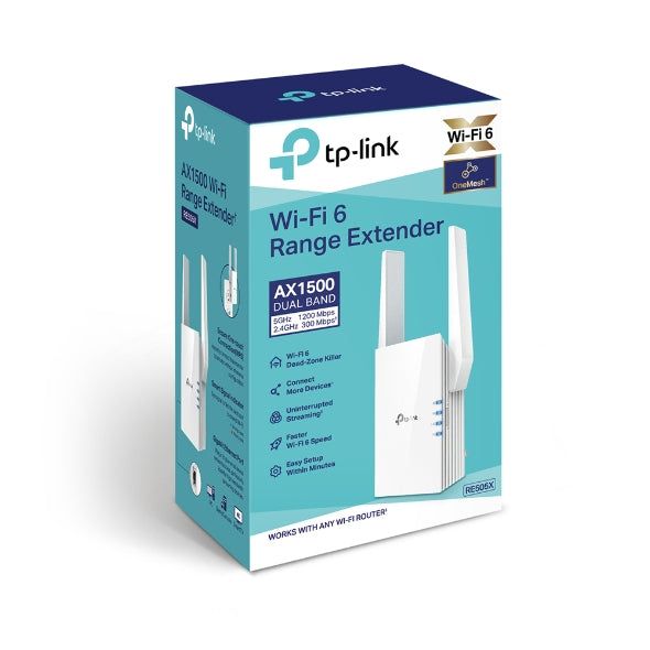 Tp-Link AX1500 Wi-Fi 6 Extensor de Cobertura Broadcom 1.5GHz Tri-Core CPU 2 Antenas externas 1 Porta Gigabit Port 1201Mbps@5GHz 300Mbps@2.4GHz WPS Downlink
