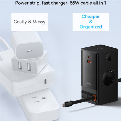Baseus Powercombo Digital Powerstrip 2Ac+1U+1C+Retractable-C 65W With 1.5M Power Cord Eu Preto