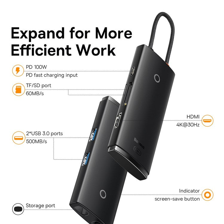 Baseus Hub 6em1 Usb-C para 2x Usb 3.0 + Usb-C PD + Hdmi + SD/TF