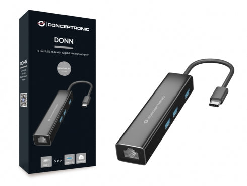 Conceptronic Donn 3-Portas USB Hub c/ Gigabit Network Adaptador