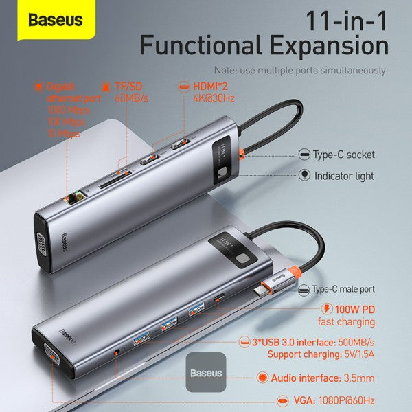 Hub Usb Baseus Metal Gleam Series 11-In-1 Multifunctional Type-C Hub Docking Station Space Gray Type