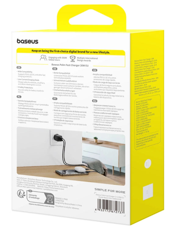 Baseus Carregador Palm Fast Charger C+U 20W Eu Cluster Black