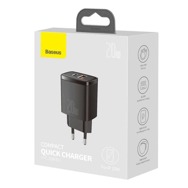 Baseus Carregador Rápido Compacto U+C 20W Eu Preto