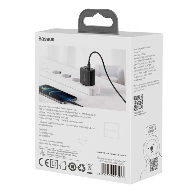 Baseus Carregador Rápido Compacto U+C 20W Eu Preto