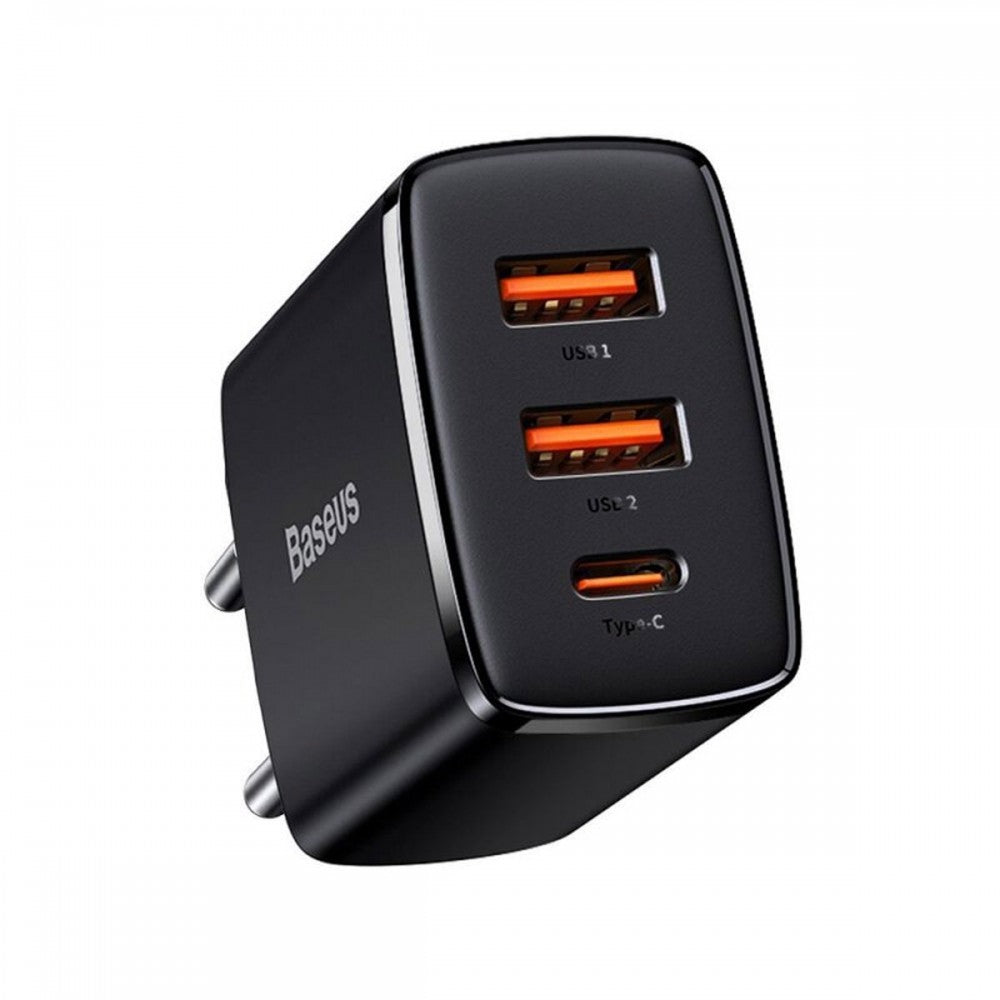 Baseus Carregador Carregamento Rápido 2xUsb + Usb-C Preto