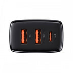 Baseus Carregador Carregamento Rápido 2xUsb + Usb-C Preto