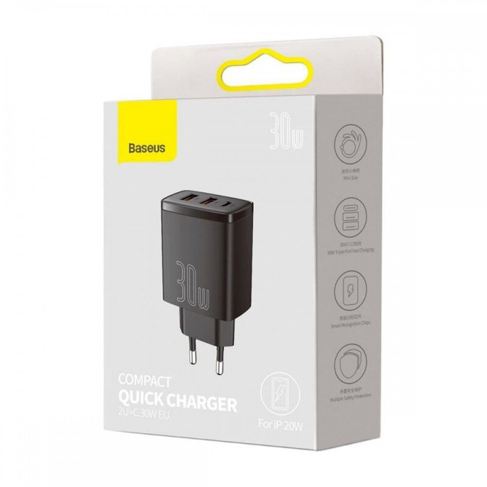 Baseus Carregador Carregamento Rápido 2xUsb + Usb-C Preto