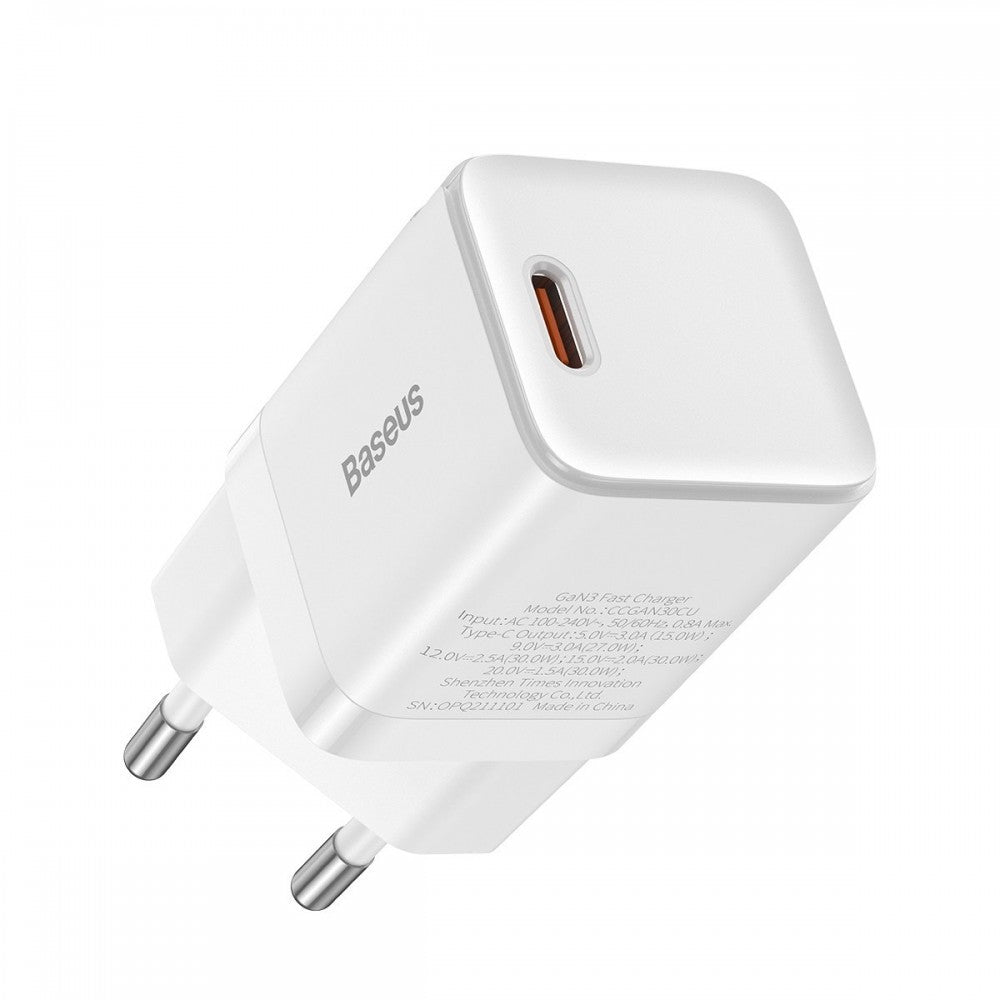 Baseus Carregador Rápido Gan3 1C 30W Branco