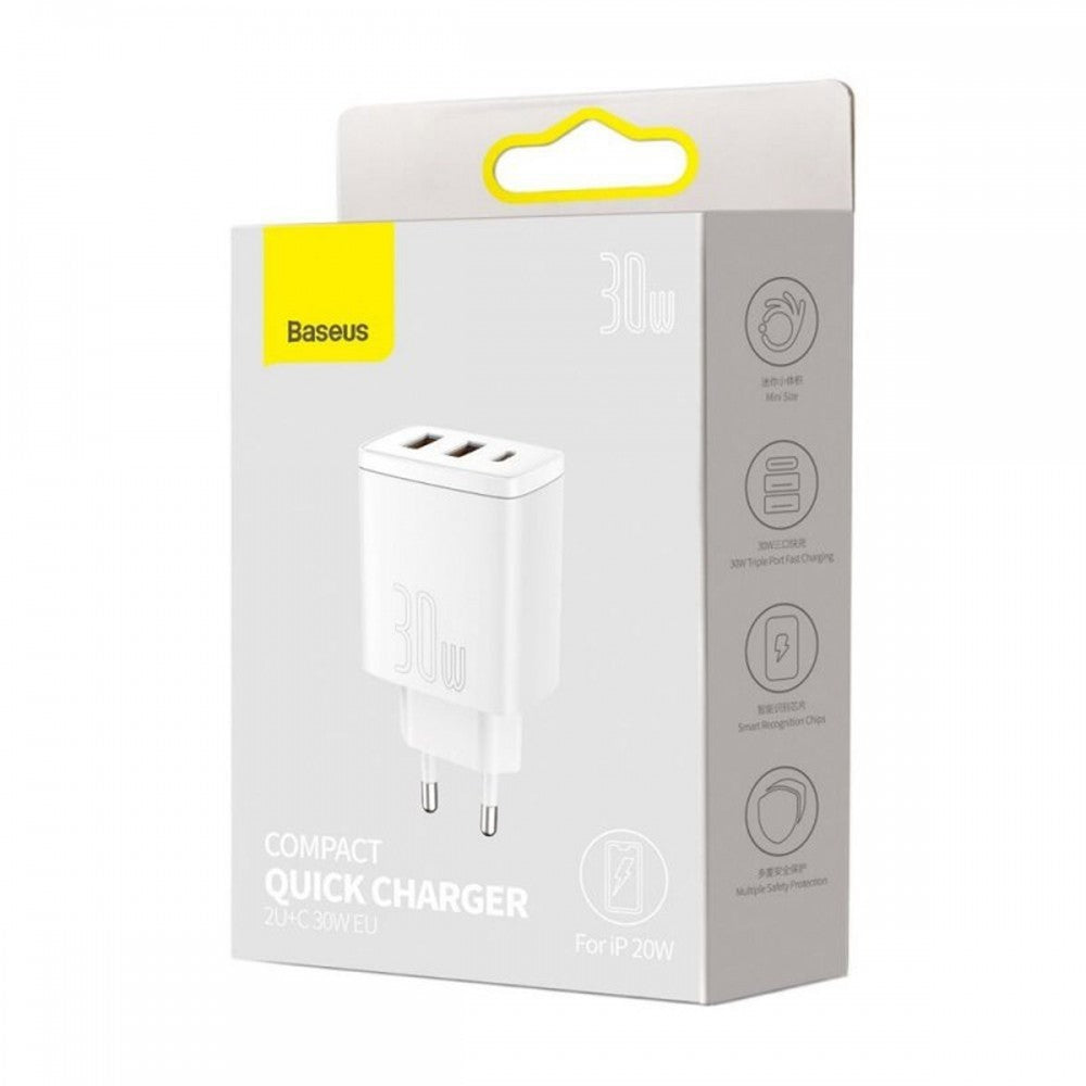 Baseus Carregador Compacto Usb-C/Usb-A 30W Carregamento Rápido QC3.0 Branco