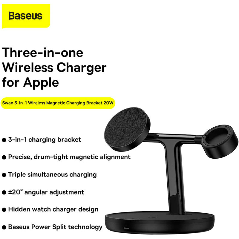 Baseus Carregador Rápido Wireless Magnetic Swan 3-in-1 20W Cluster Preto