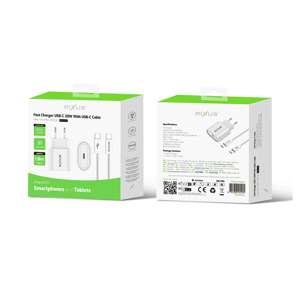 RIXUS KIT USB-C 20W + Cabo USB-C RXHC20C