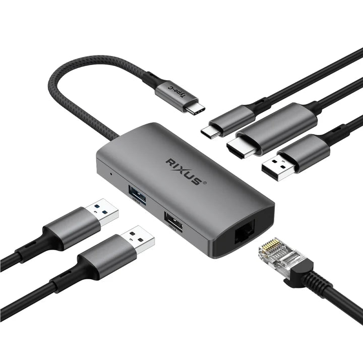 RIXUS Adaptador RXHU07 USB-C C/ USB 3.0 + USB 2.0 + USB-C + HDMI + RJ45