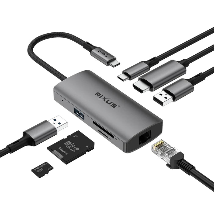 RIXUS Adaptador RXHU08 USB-C C/ USB-C + USB 3.0 + USB 2.0 + SD&TF + HDMI + RJ45