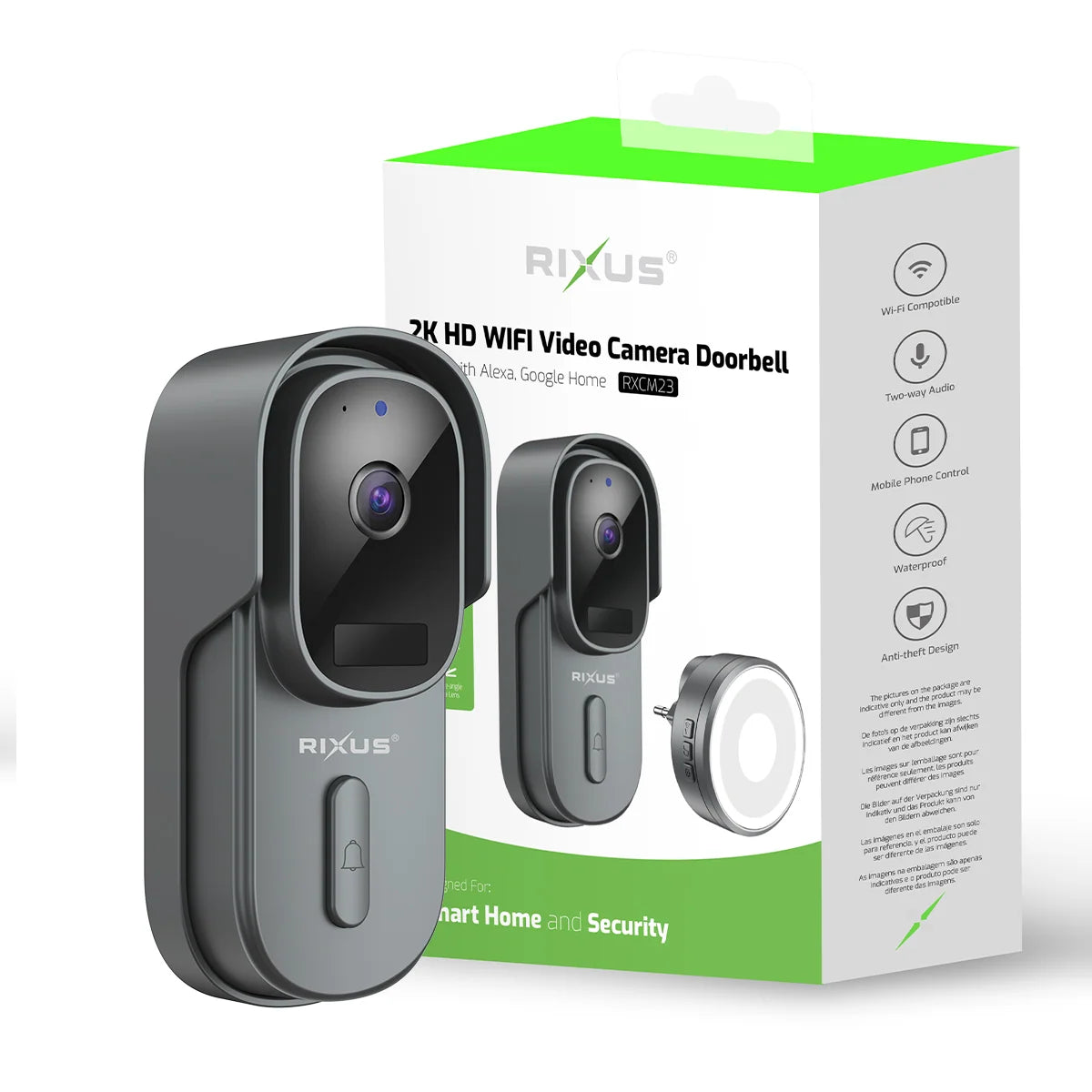 Rixus Wireless Battery Powered Doorbell With Camera Gray