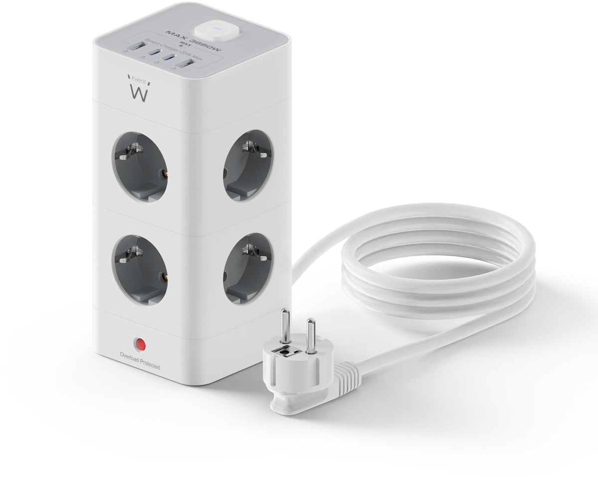 Bloco Tomada Ewent EW3864 Power Tower 8 Tomadas Schuko 16A + 2 USB-A + 2 USB-C 2m Branca/Cinza