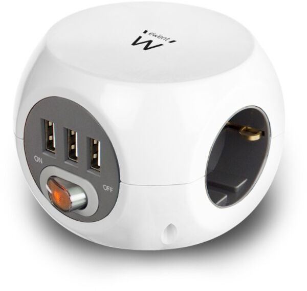 Cubo Ewent 3 Tomadas + 3 Portas USB 2.4A c/ Cabo 1.5 M Branco