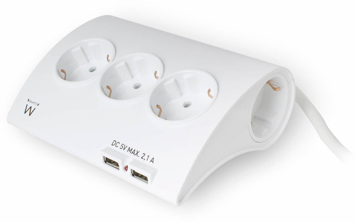 Régua Ewent 5 Tomadas + 2 Portas USB 16A Branco