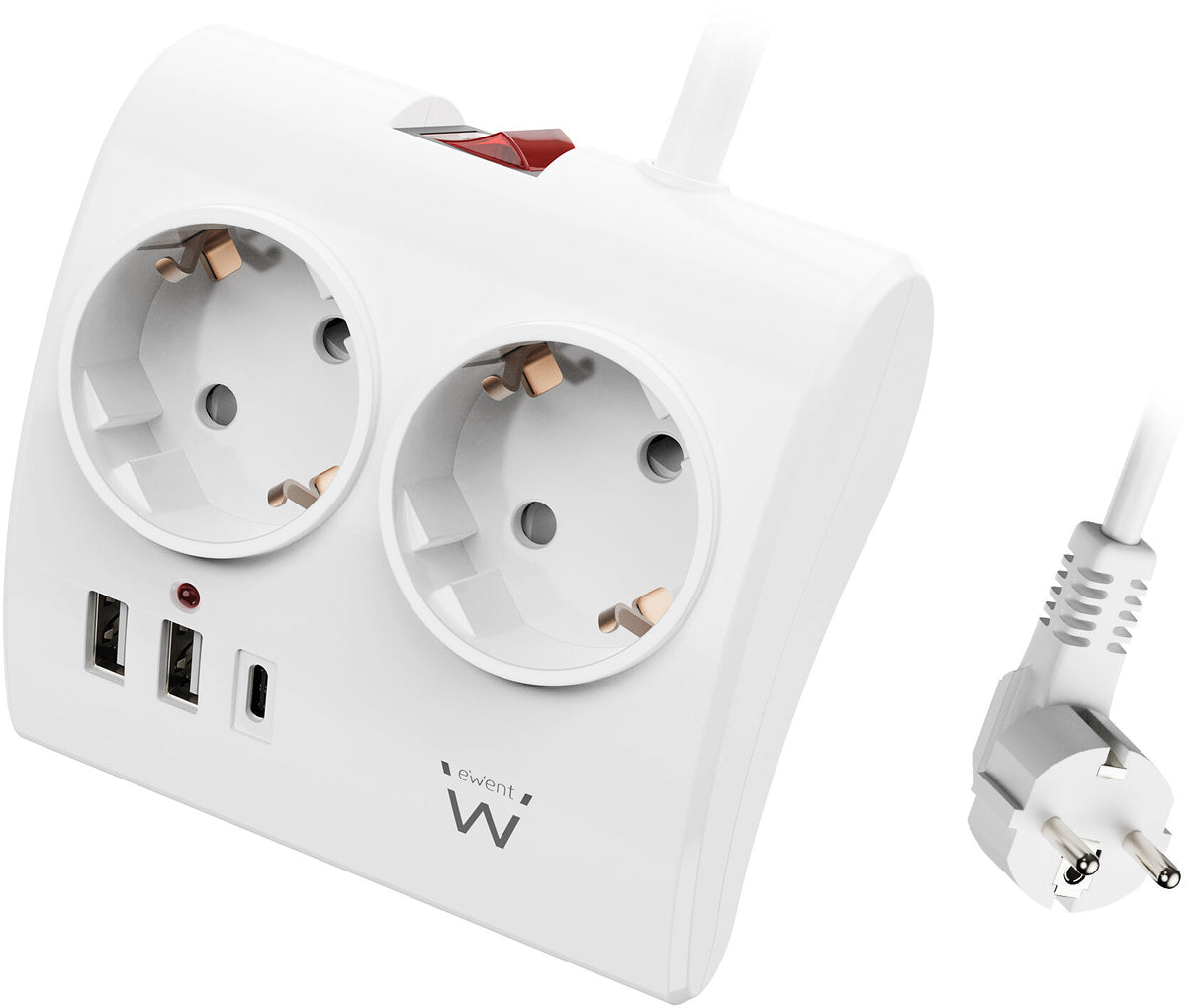 Tomada Ewent EW3870 Desktop Power Strip 2 Tomadas Schuko 16A + 2 USB-A + 1USB-C 1.5m Branca