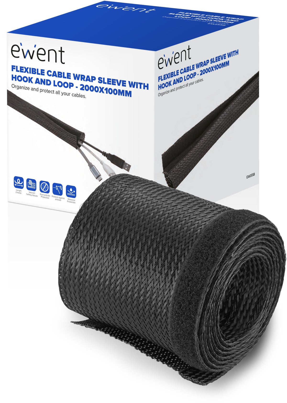 Manga Flexível Ewent EW1558 p/ Organizar Cabos com Fecho 2000x100mm Preta