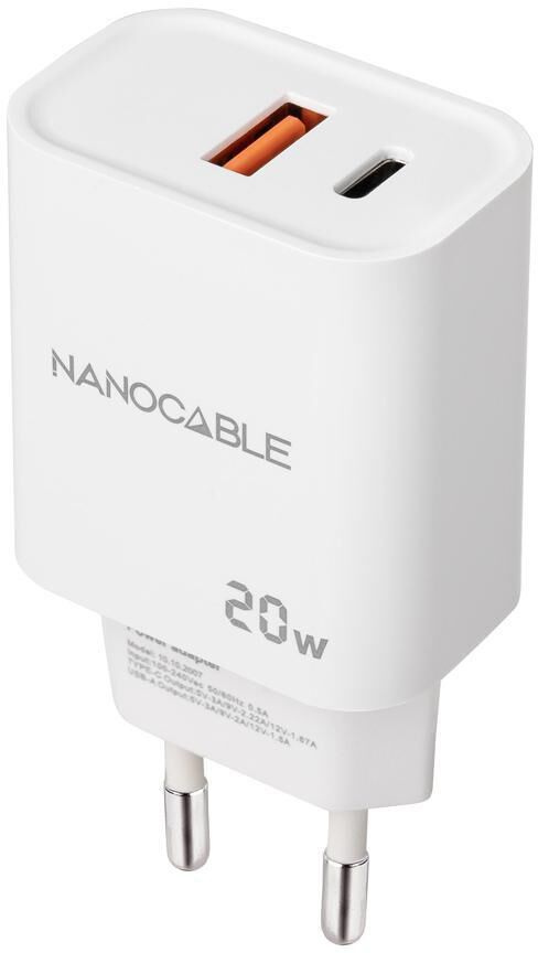 Carregador Nanocable USB-C/PD + USB-A/QC 20W Branco