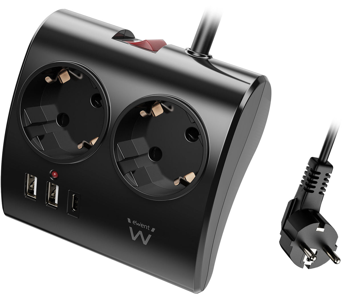 Tomada Ewent EW3871 Desktop Power Strip 2 Tomadas Schuko 16A + 2 USB-A + 1USB-C 1.5m Preta