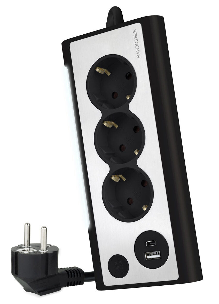 Régua Nanocable 3 Tomadas / 2x USB ( USB-C / USB-A ) Preto
