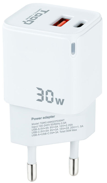Carregador GaN Tooq USB-C/PD 30W + USB-A/QC 30W