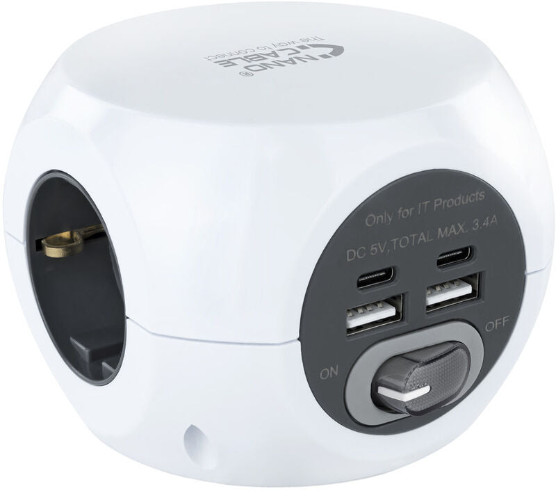 Base de 3 tomadas com 4 USB's (2 USB A / 2 USB-C) c/ interruptor