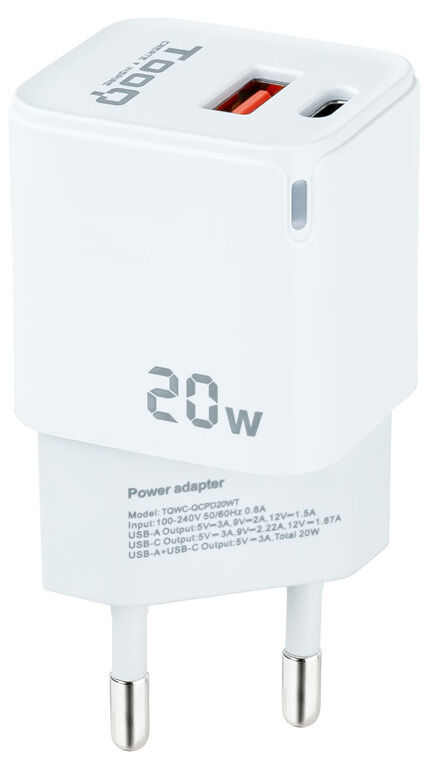 Carregador Tooq USB-C/PD 20W + USB-A/QC 20W Branco